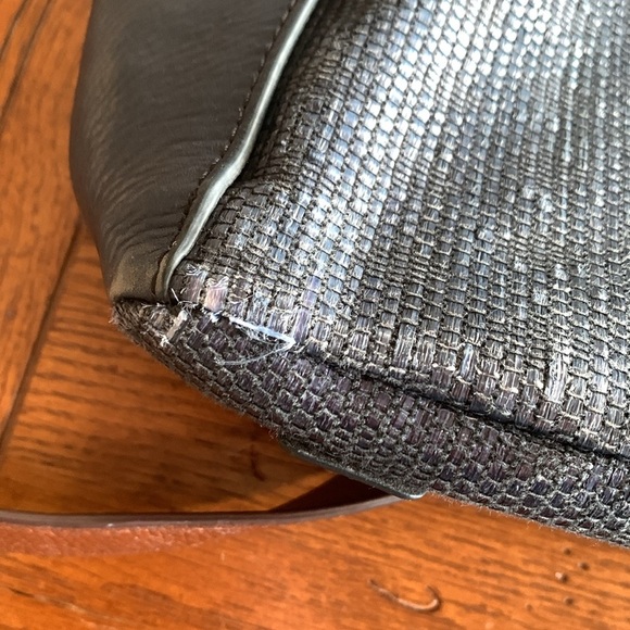 Fossil Emerson Satchel Purse Navy Blue Straw Leather Trim & Straps Crossbody Bag - Picture 11 of 14